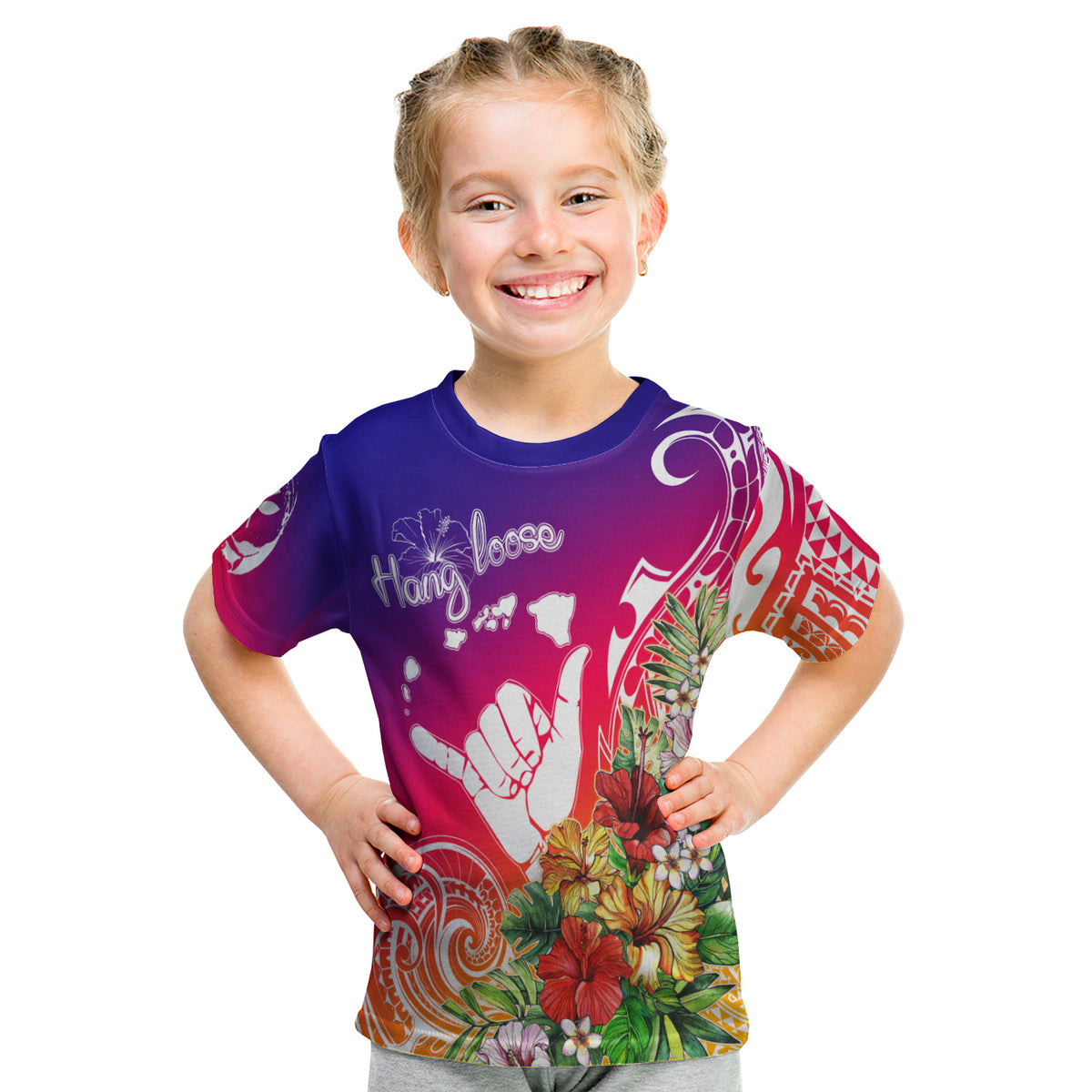Hawaii Sunset With Hibiscus Kid T Shirt Shaka Hang Loose LT7 - Polynesian Pride