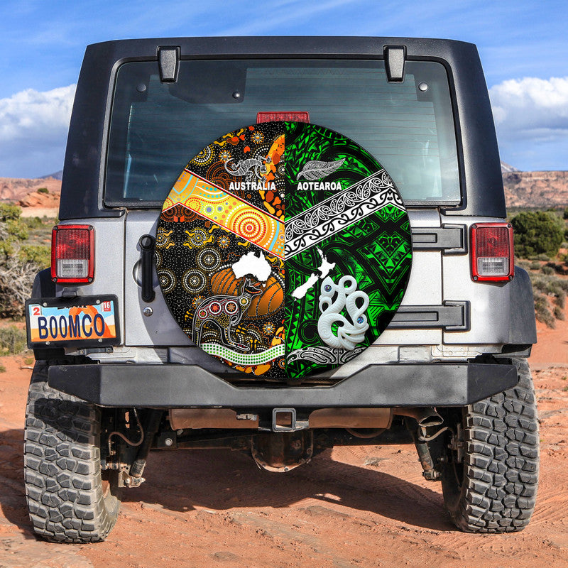 New Zealand Maori Aotearoa And Australia Aboriginal Spare Tire Cover Together - Green LT8 No hole - Polynesian Pride