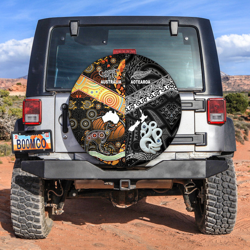 New Zealand Maori Aotearoa And Australia Aboriginal Spare Tire Cover Together - Black LT8 No hole - Polynesian Pride