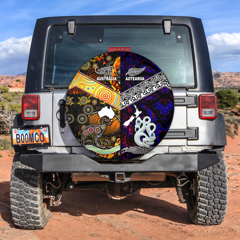 New Zealand Maori Aotearoa And Australia Aboriginal Spare Tire Cover Together - Purple LT8 No hole - Polynesian Pride
