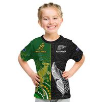(Custom Personalised) Aotearoa Rugby All Black Combine Australia Wallabies Kid T Shirt Aboriginal Kangaroo And Maori Fern LT9 Youth XL Size14 - Polynesian Pride