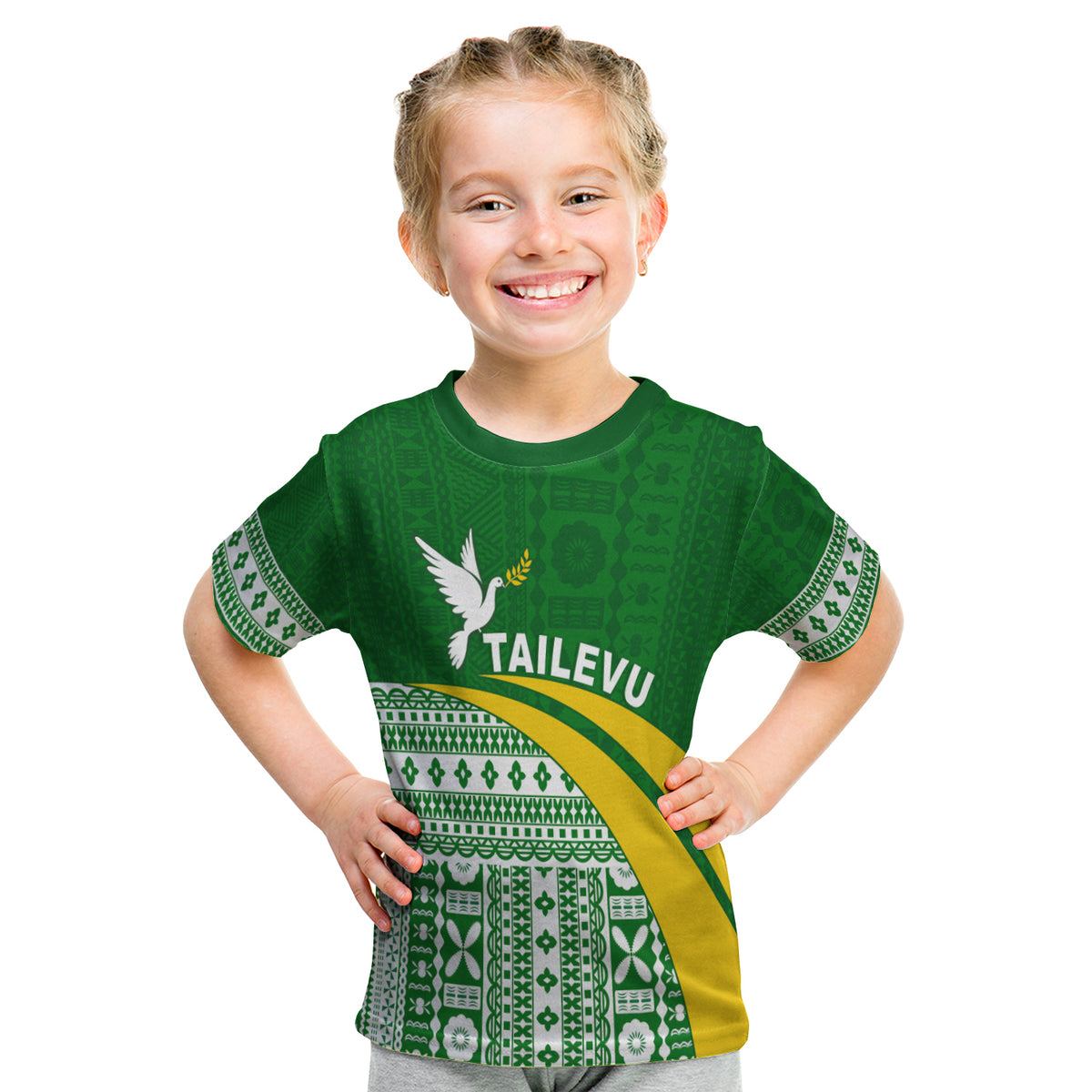 Tailevu Rugby T Shirt Kid Fiji Rugby Tapa Pattern Green LT13 - Polynesian Pride