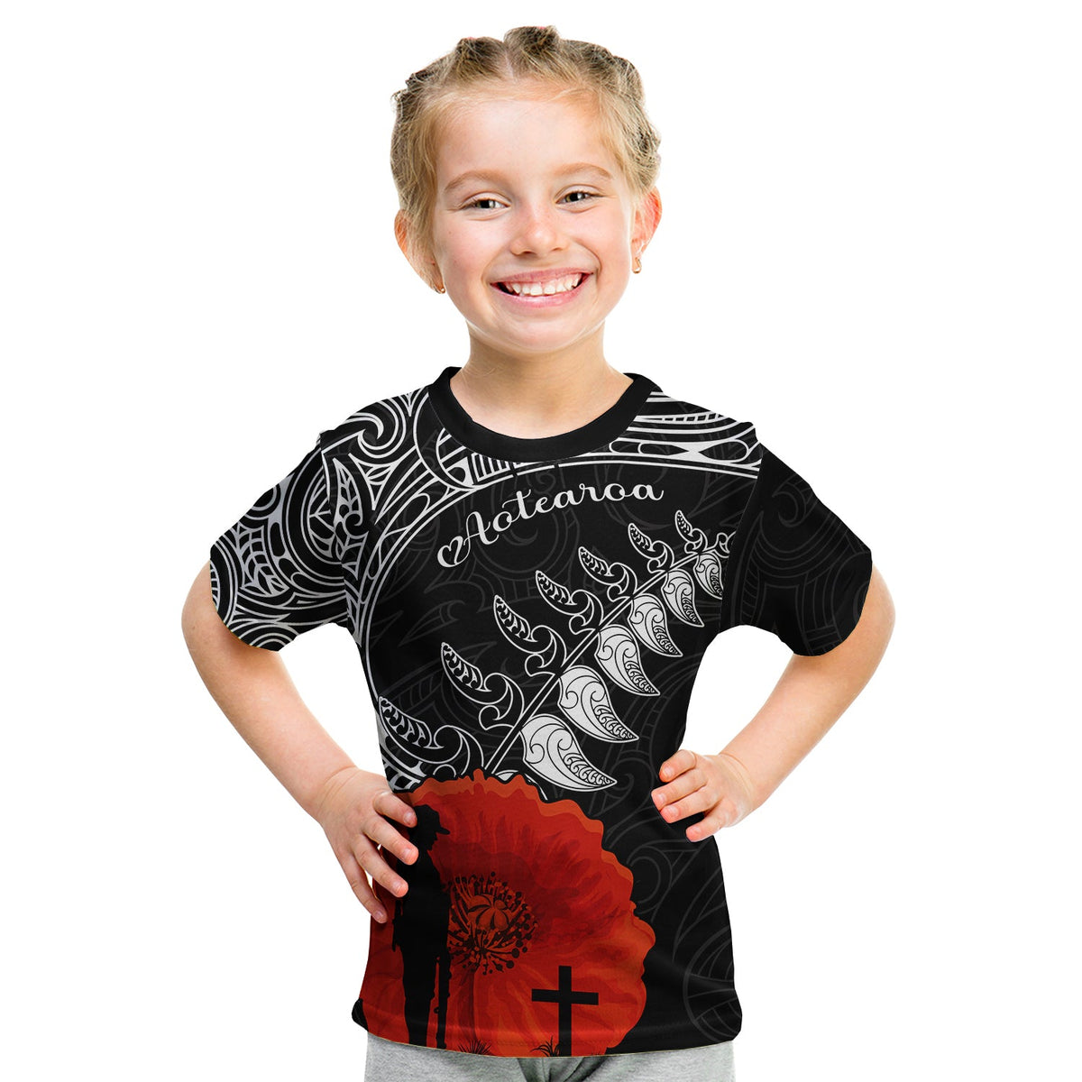 New Zealand Anzac 2022 T Shirt KID Maori Mix Fern Poppy LT13 Youth XL Size14 - Polynesian Pride