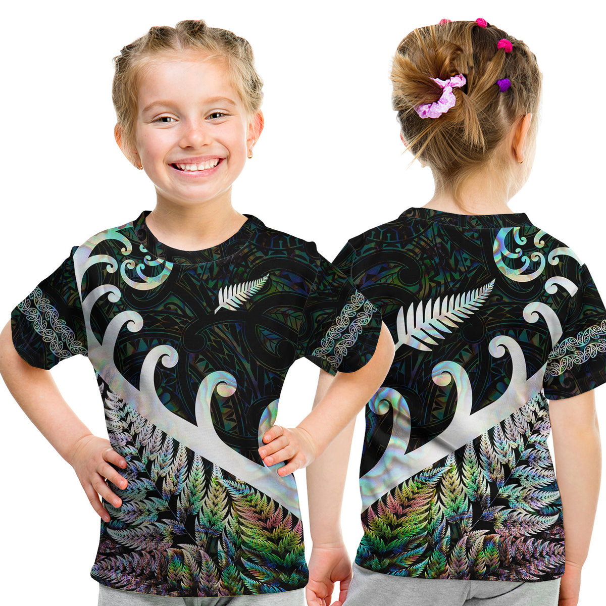 New Zealand Rugby Maori T Shirt Kid Silver Fern Koru Vibes - Paua Shell LT8 Youth XL Size14 - Polynesian Pride
