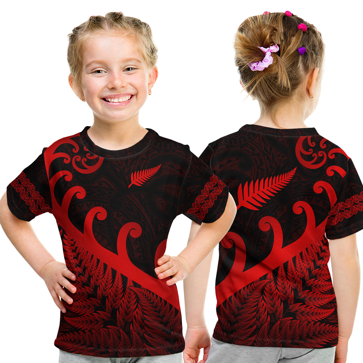 New Zealand Rugby Maori T Shirt Kid Silver Fern Koru Vibes - Red LT8 Youth XL Size14 - Polynesian Pride