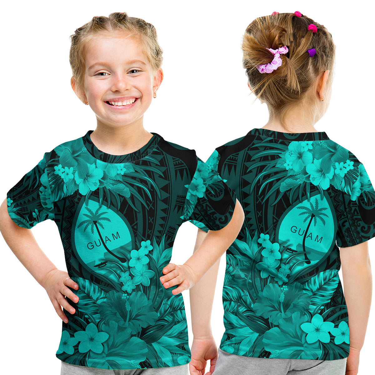 Guam Polynesian T Shirt KID Tropical Flowers - Turquoise LT8 Youth XL Size14 - Polynesian Pride