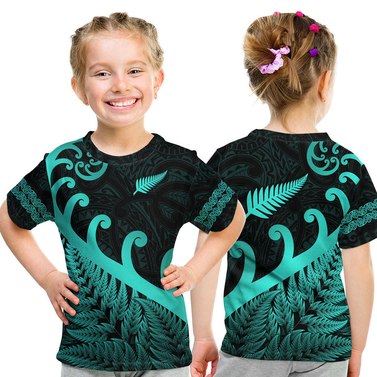 New Zealand Rugby Maori T Shirt Kid Silver Fern Koru Vibes - Turquoise LT8 Youth XL Size14 - Polynesian Pride