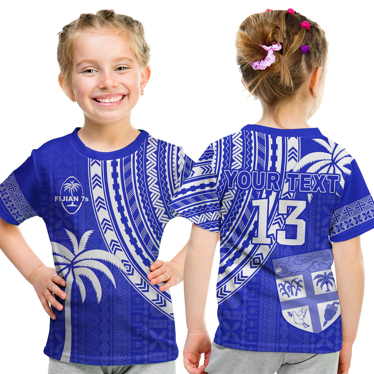 (Custom Text and Number) Fiji Rugby Sevens T Shirt KID Fijian 7s Tapa Polynesian Blue Ver.02 LT13 Youth XL Size14 - Polynesian Pride