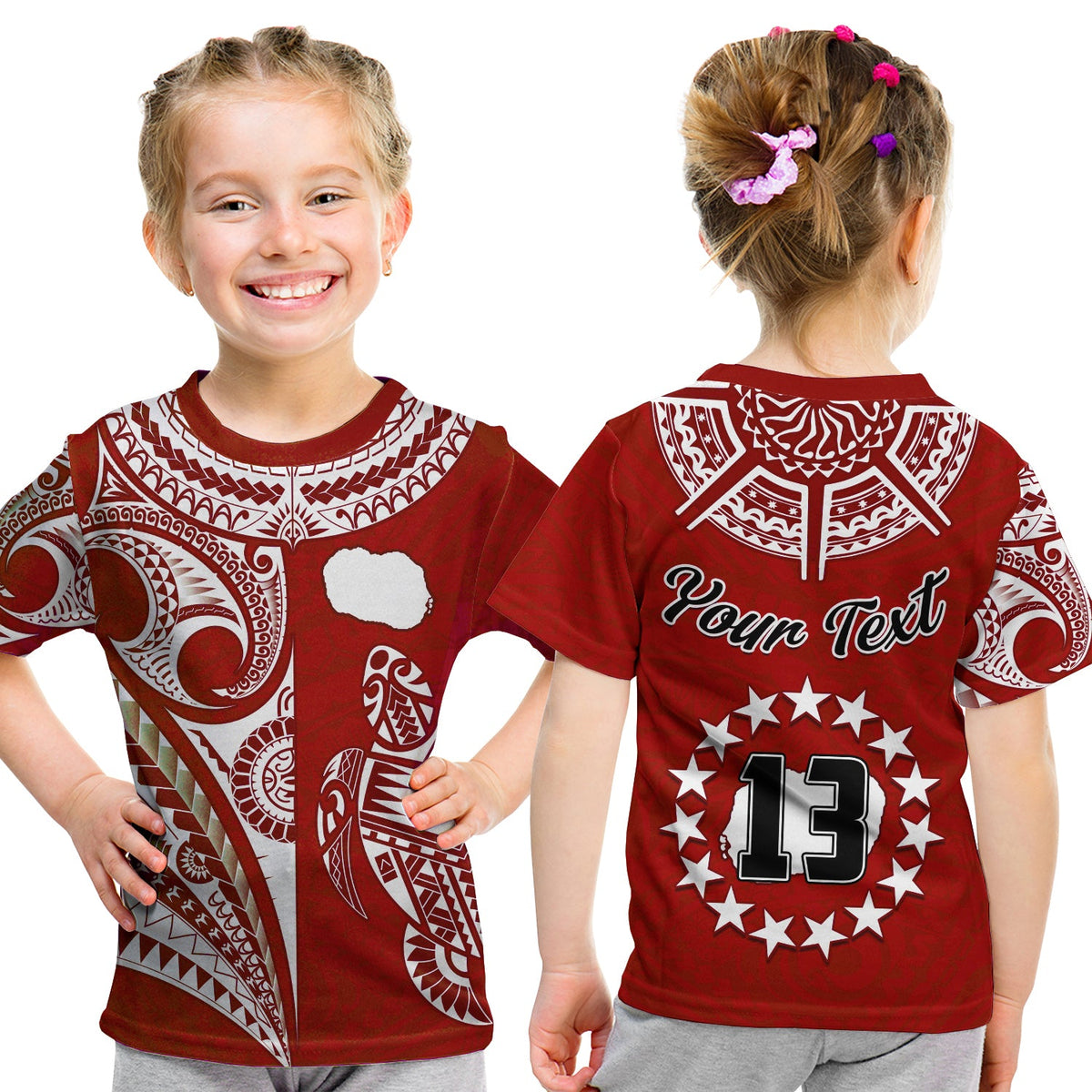(Custom Text and Number) Rarotonga Cook Islands T Shirt KID Turtle and Map Style Red LT13 Youth XL Size14 - Polynesian Pride
