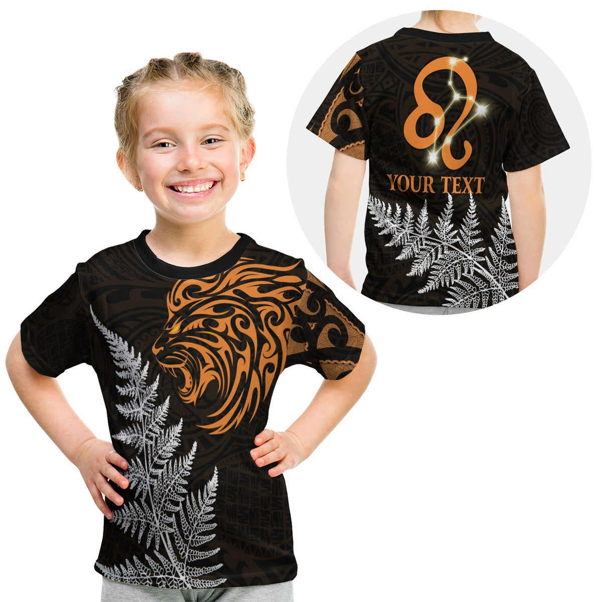 (Custom Personalised) Leo Zodiac Style Maori T Shirt Kid Orange Lion LT13 Youth XL Size14 - Polynesian Pride