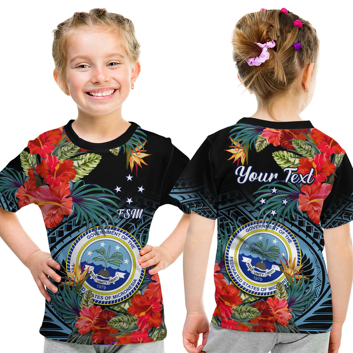 (Custom Personalised) Federated States of Micronesia T Shirt KID Hibiscus Flowers FSM Seal Polynesian LT14 Youth XL Size14 - Polynesian Pride