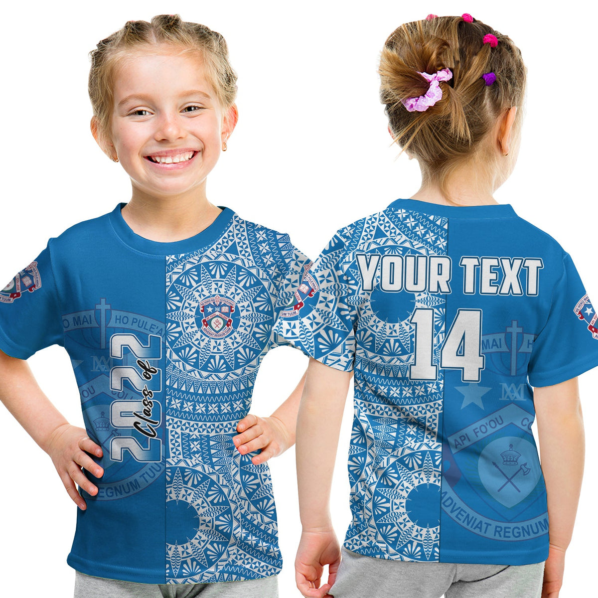 (Custom Text and Number) Apifoou Tonga College T Shirt Class of Year Tongan Ngatu Pattern LT14 Kid Blue - Polynesian Pride