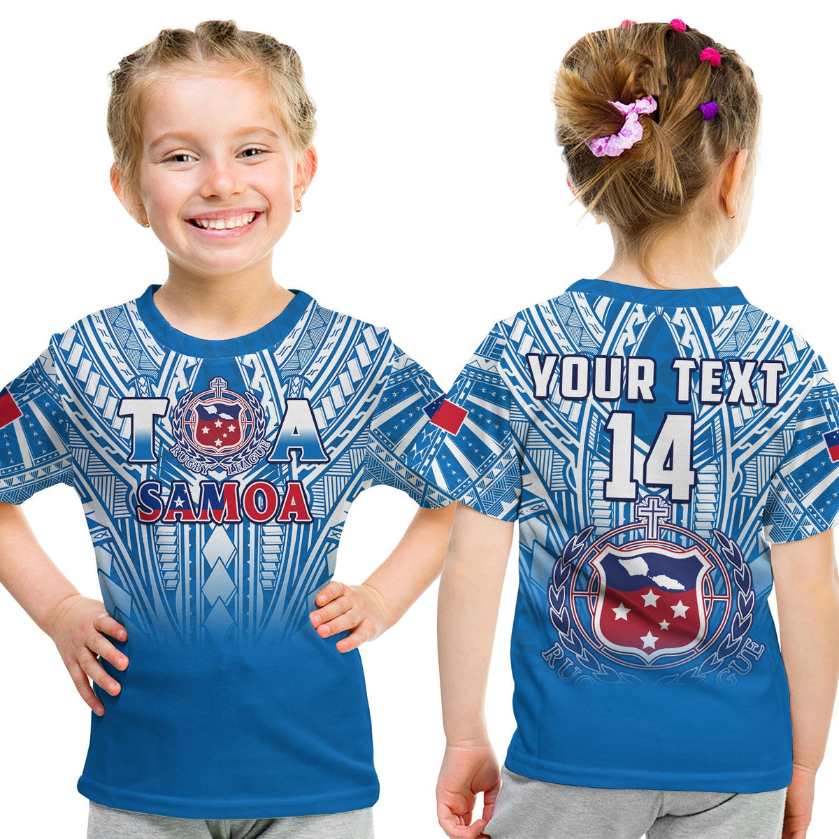 (Custom Text And Number) Samoa Rugby T Shirt KID Personalise Toa Samoa Polynesian Pacific Blue Version LT14 Youth XL Size14 - Polynesian Pride