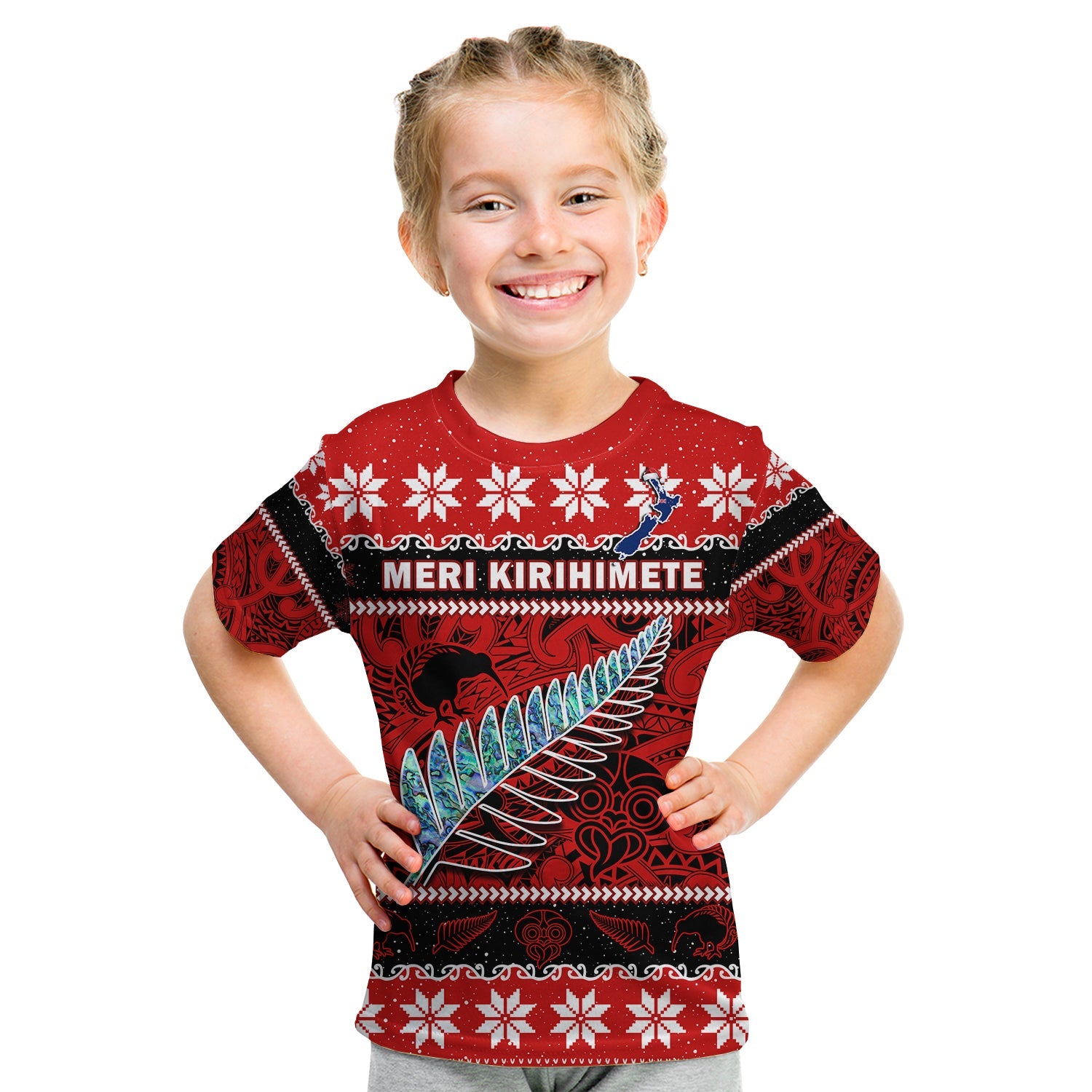 New Zealand Christmas T Shirt KID Paua Shell Silver Fern Meri Kirihimete LT14 - Polynesian Pride
