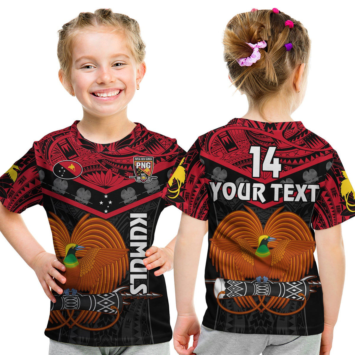 (Custom Text and Number) Papua New Guinea Rugby T Shirt PNG Kumuls Bird of Paradise Black LT14 Kid Black - Polynesian Pride