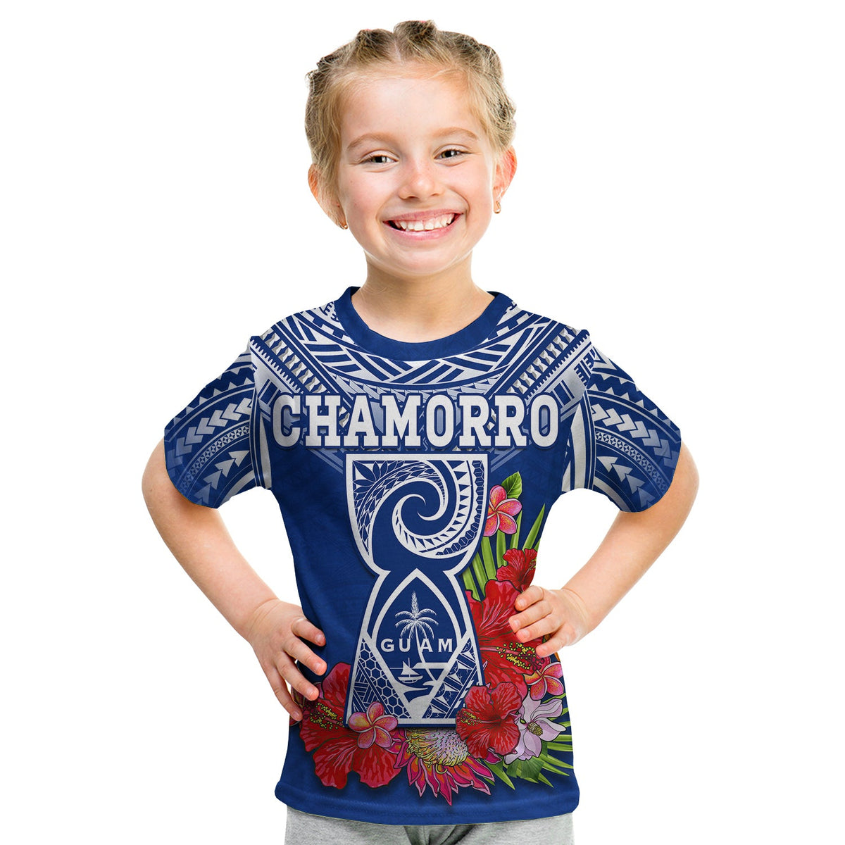 Custom Guam Chamorro T Shirt Guaman Latte Stone Tropical Flowers Blue Version LT14 - Polynesian Pride
