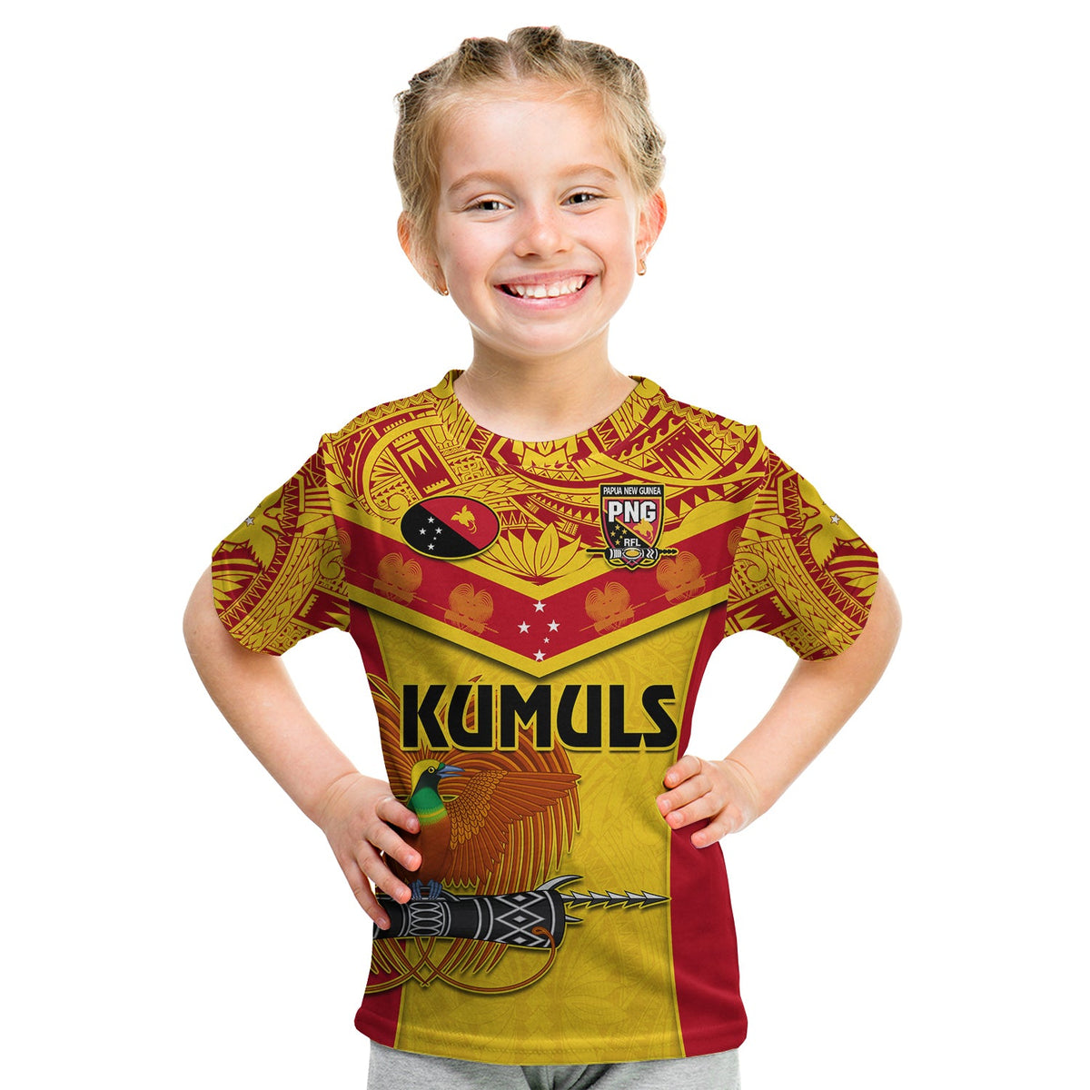 Papua New Guinea Rugby T Shirt KID PNG Kumuls Bird Of Paradise Yellow LT14 Youth XL Size14 - Polynesian Pride