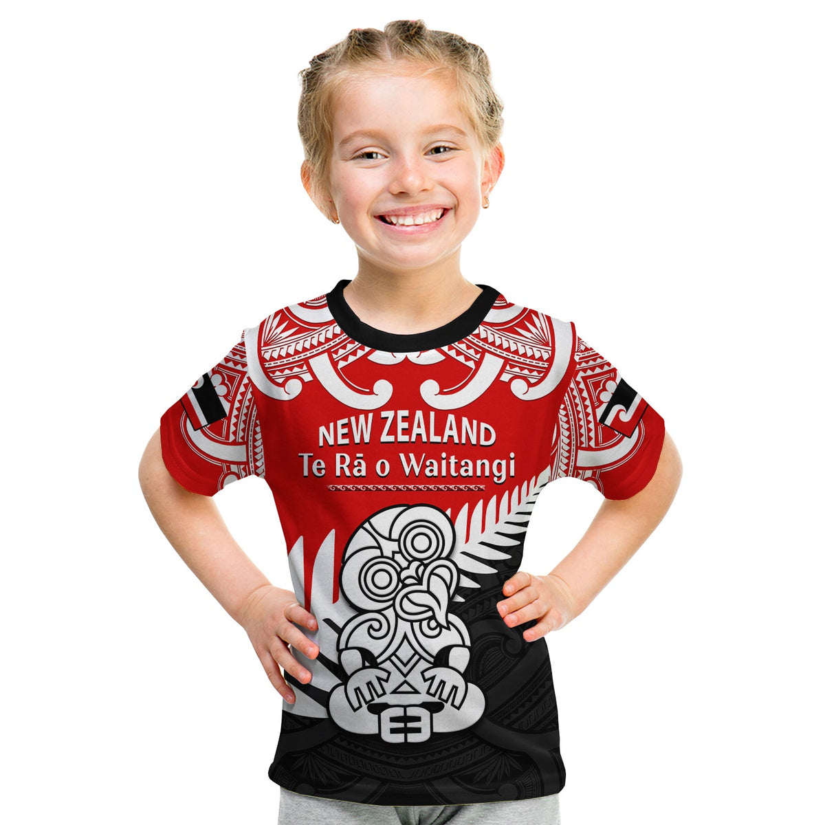 Waitangi Day T Shirt KID Tino Rangatiratanga Flag With Tiki Maori Fern LT14 Youth XL Size14 - Polynesian Pride