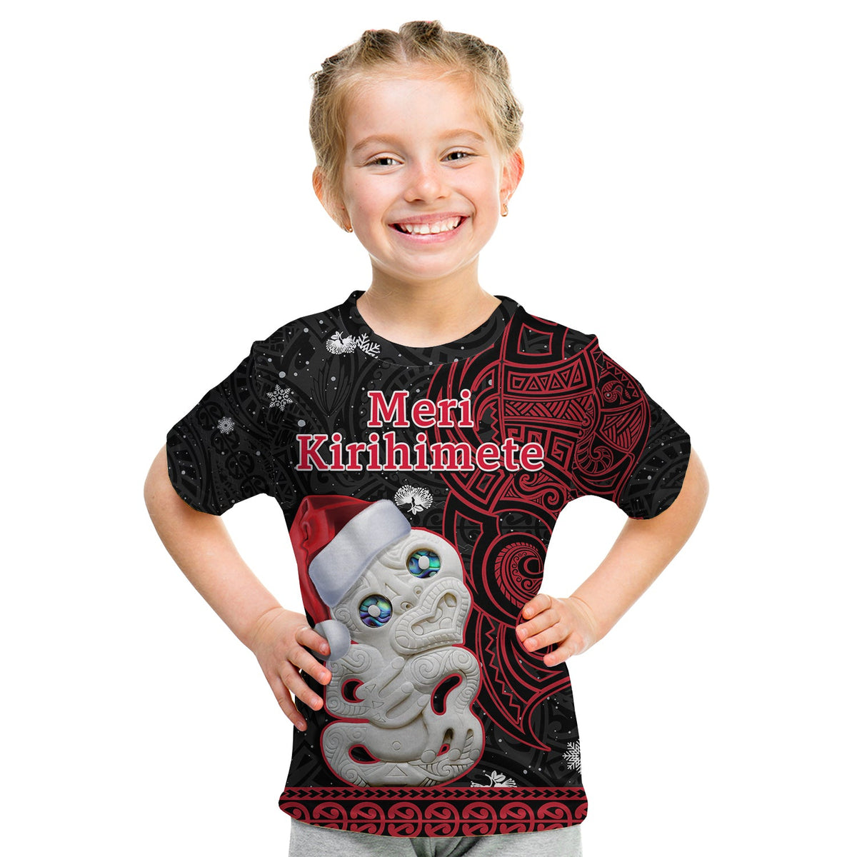 New Zealand Christmas T Shirt KID Hei Tiki Red Pohutukawa Meri Kirihimete LT14 Youth XL Size14 - Polynesian Pride