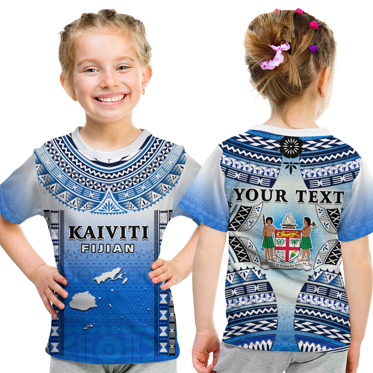 Custom Text and Number Fiji T Shirt Kaiviti Fijian Special Tapa Pattern LT14 Kid Blue - Polynesian Pride