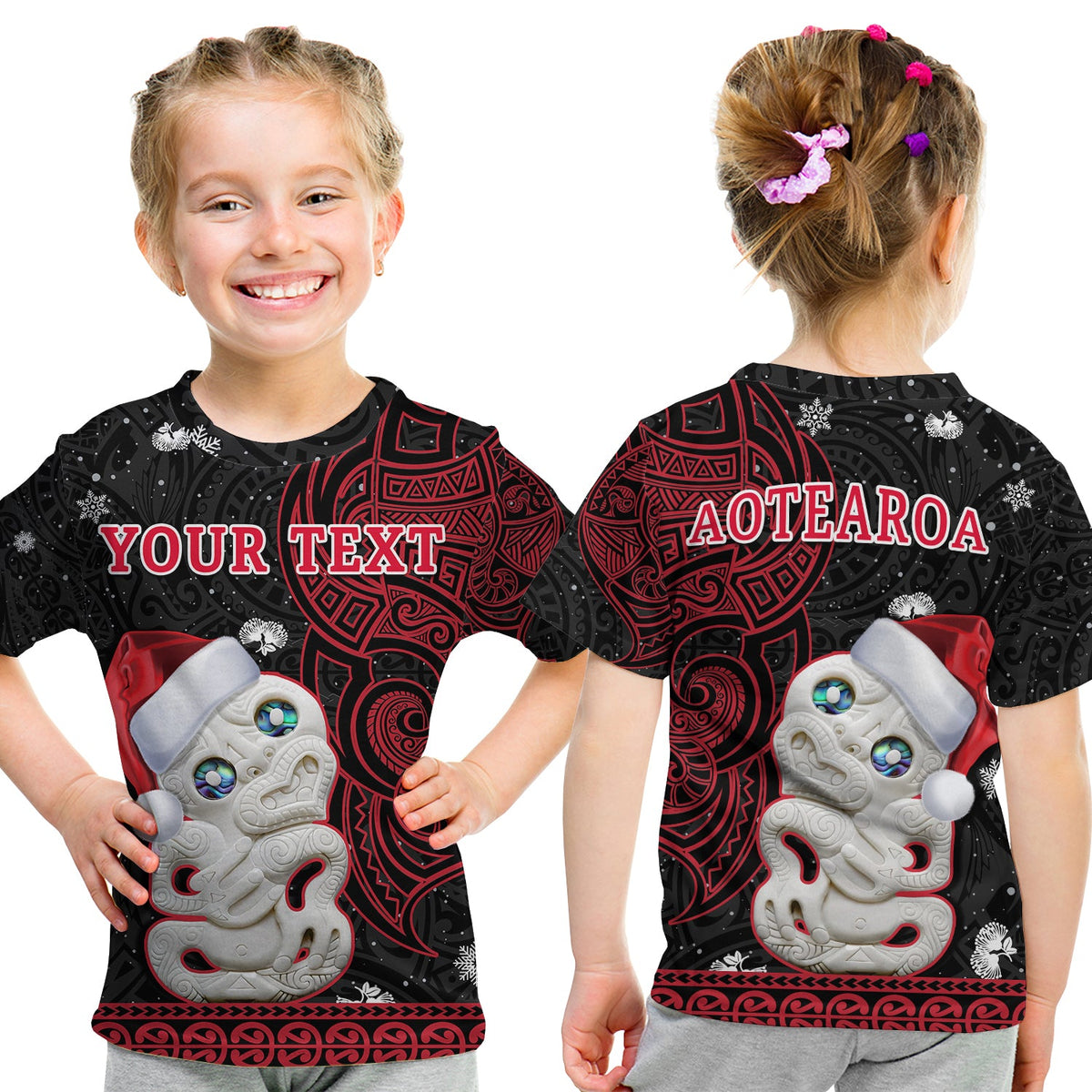 (Custom Personalised) New Zealand Christmas T Shirt KID Hei Tiki Red Pohutukawa Meri Kirihimete LT14 Youth XL Size14 - Polynesian Pride