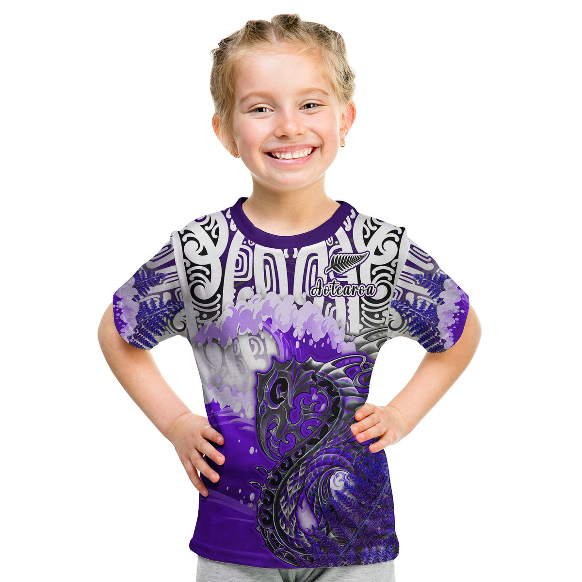 (Custom Personalised) Manaia Maori T Shirt KID Fern Aotearoa Purple Waves LT13 Youth XL Size14 - Polynesian Pride