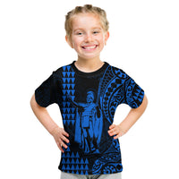 (Custom Text and Number) Hawaii Day Kakau T Shirt KID Proud To Be Hawaiian Blue King Kamehameha and Kanaka Maoli LT13 - Polynesian Pride
