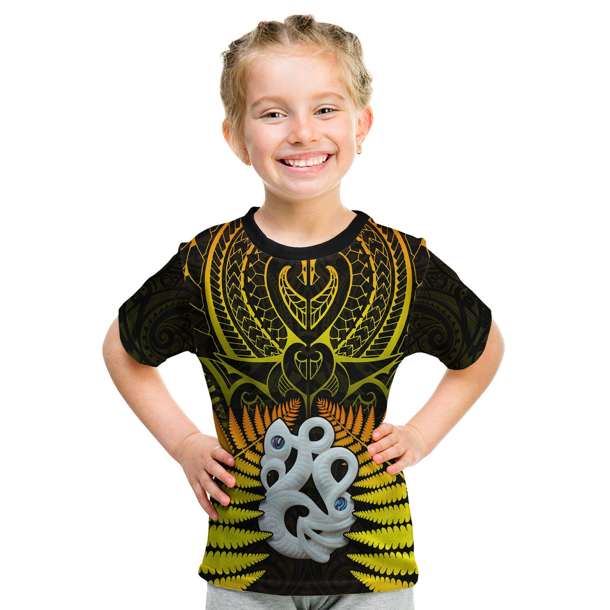 Aotearoa Fern T Shirt KID New Zealand Hei Tiki Gold Style LT13 Youth XL Size14 - Polynesian Pride
