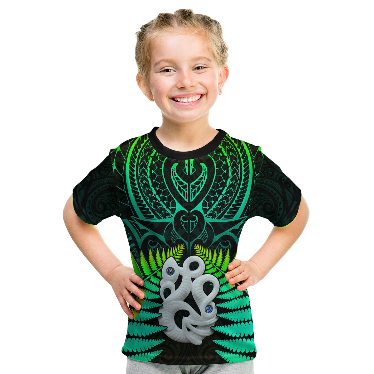 Aotearoa Fern T Shirt KID New Zealand Hei Tiki Green Style LT13 Youth XL Size14 - Polynesian Pride