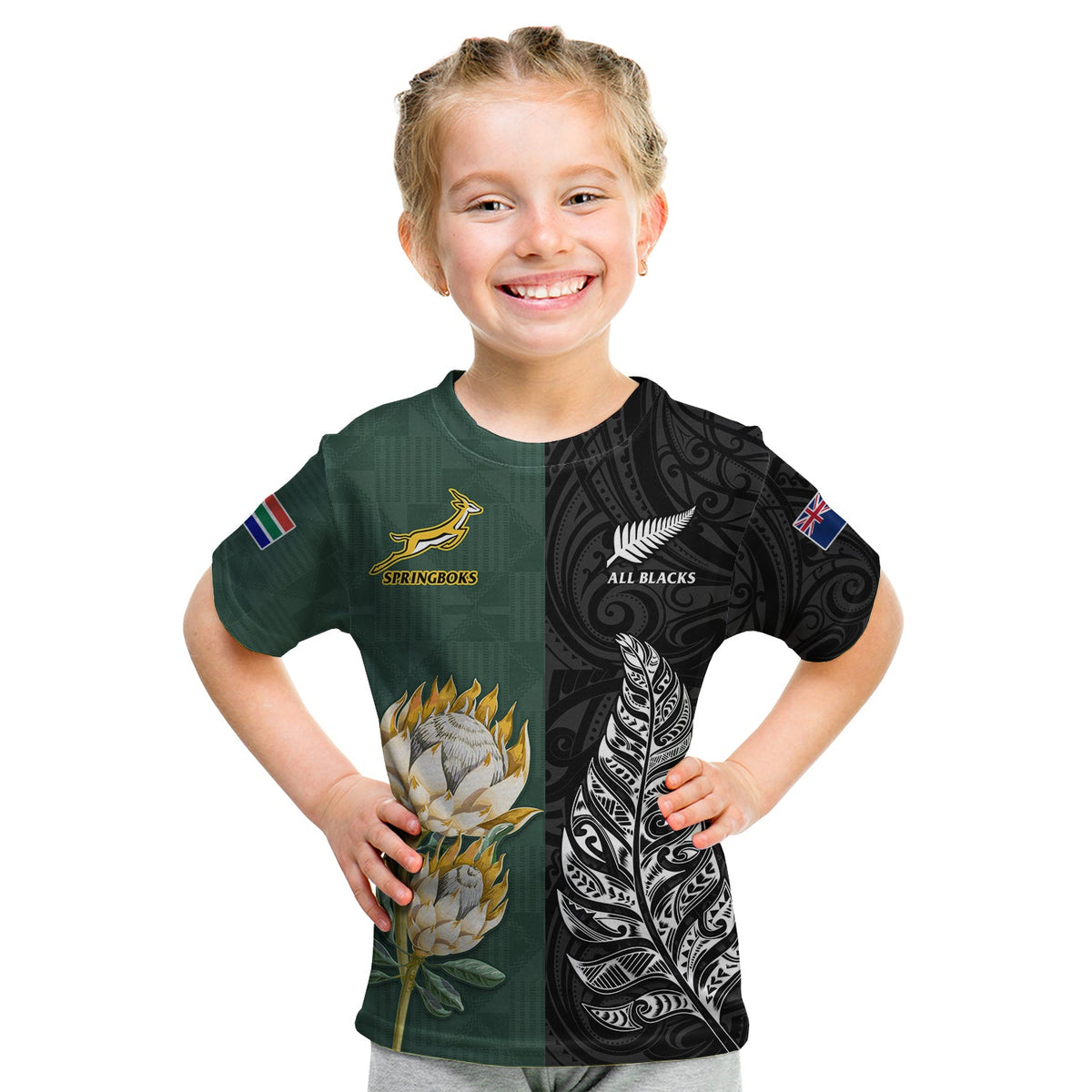 South Africa Protea and New Zealand Fern T Shirt KID Rugby Go Springboks vs All Black LT13 Youth XL Size14 - Polynesian Pride