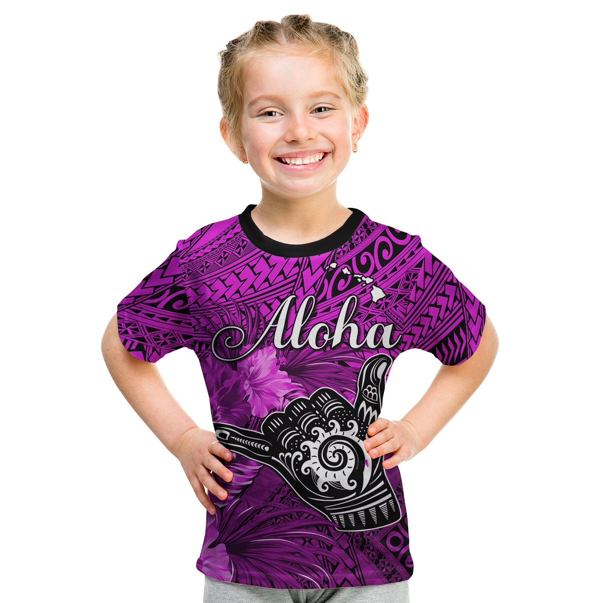 The Shaka Hawaii T Shirt KID Tropical Flowers Purple Version LT13 - Polynesian Pride