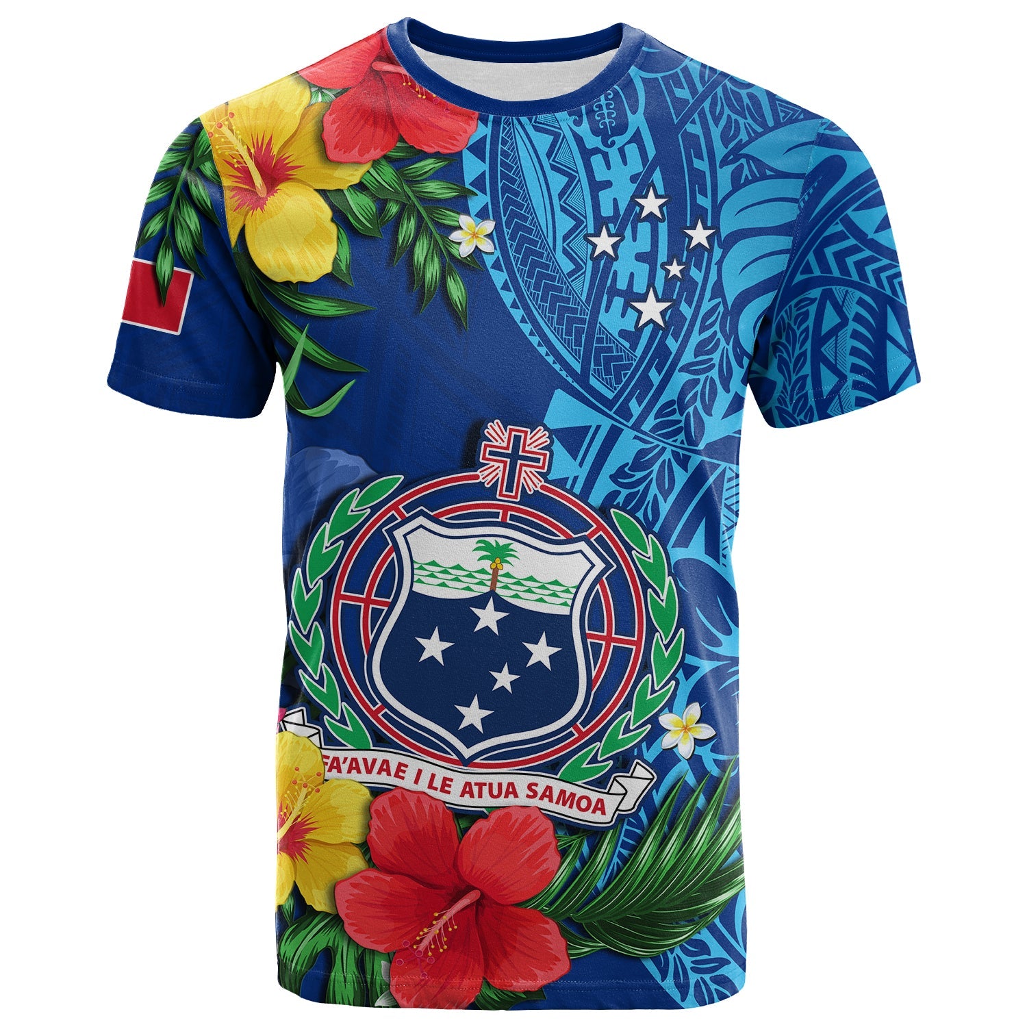 Samoa T Shirt Coat of Arms Mix Tropical Flowers LT14 Blue - Polynesian Pride