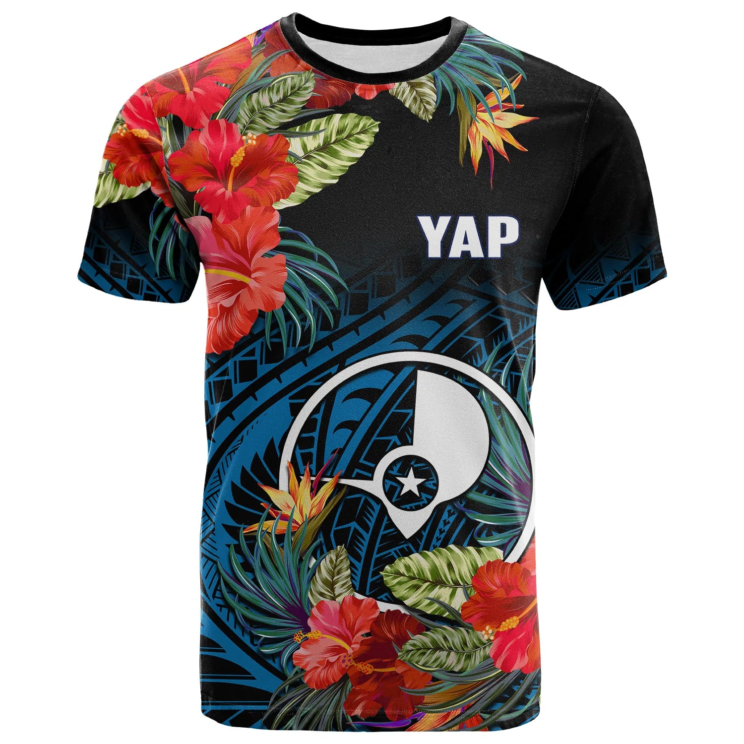 Custom Yap State T Shirt FSM Hibiscus Flowers Mix Polynesian LT14 Blue - Polynesian Pride