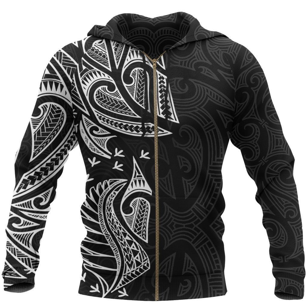 New Zealand Maori Zip Hoodie, Ta Moko Tattoo Full Zip Hoodie White Zip Hoodie Black - Polynesian Pride