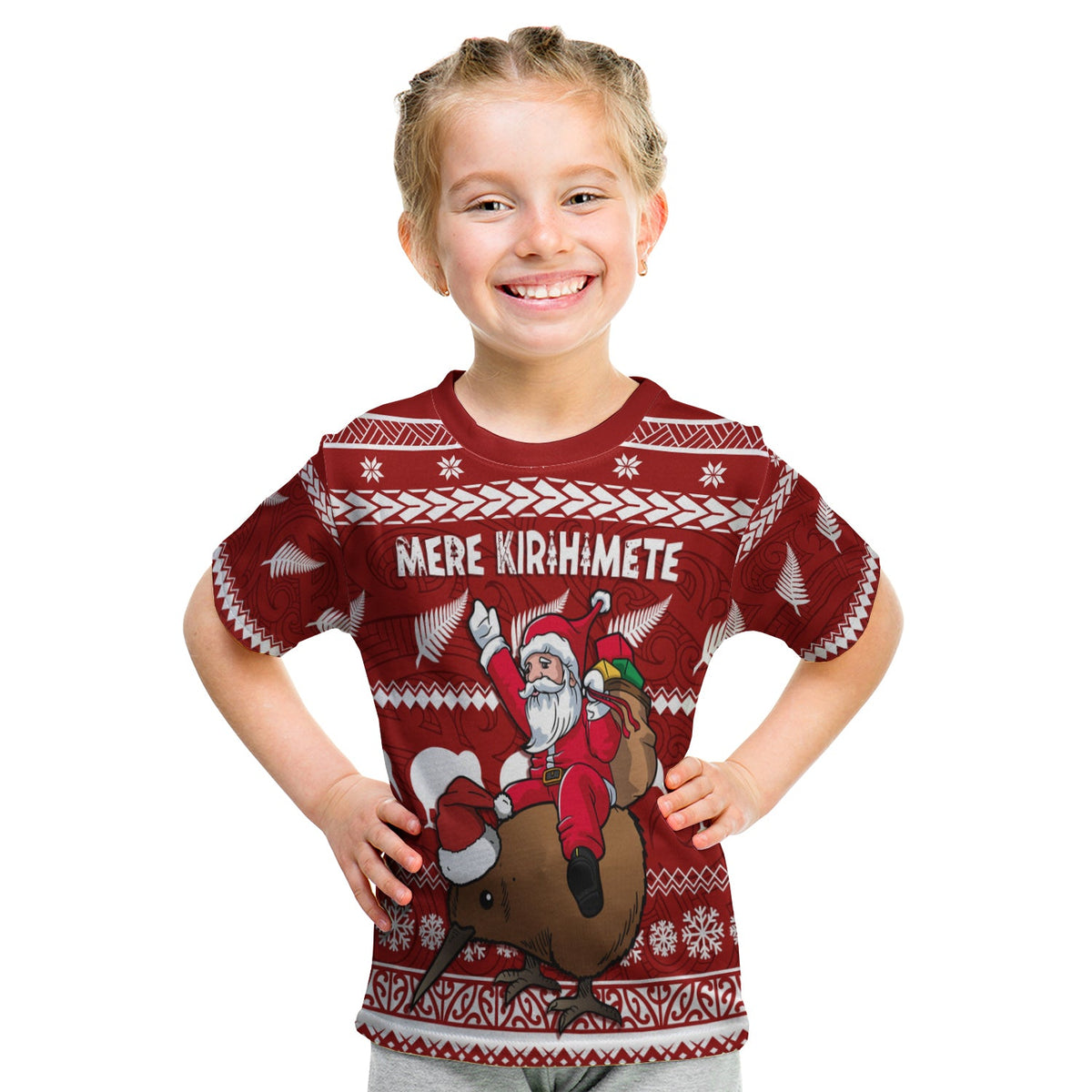 New Zealand Xmas T Shirt KID Mere Kirihimete - Santa With Kiwi Bird LT7 Youth XL Size14 - Polynesian Pride