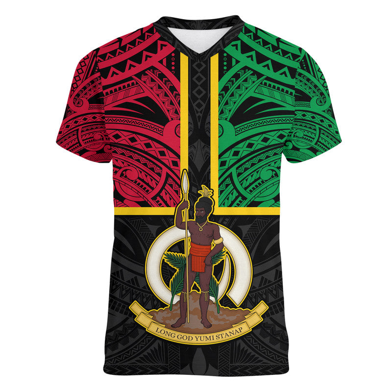 Vanuatu V-Neck T Shirt Tribal Vanuatu Coat Of Arms Flag Style LT9 Female Black - Polynesian Pride