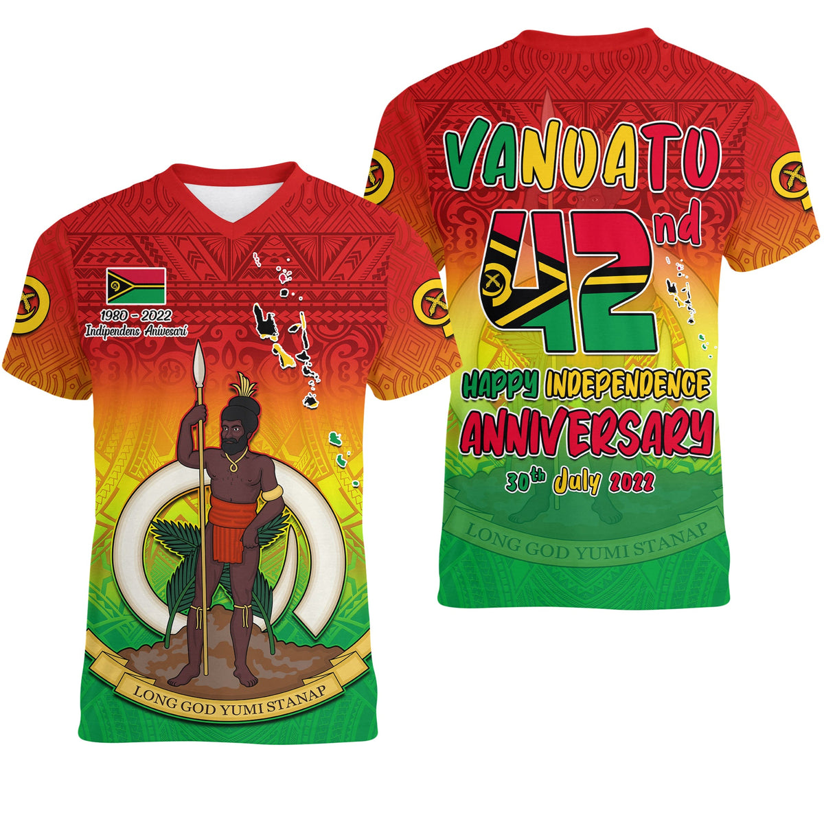 Vanuatu Independence Day V neck T Shirt 42nd Anniversary Yumi Yumi Yumi LT13 Red - Polynesian Pride