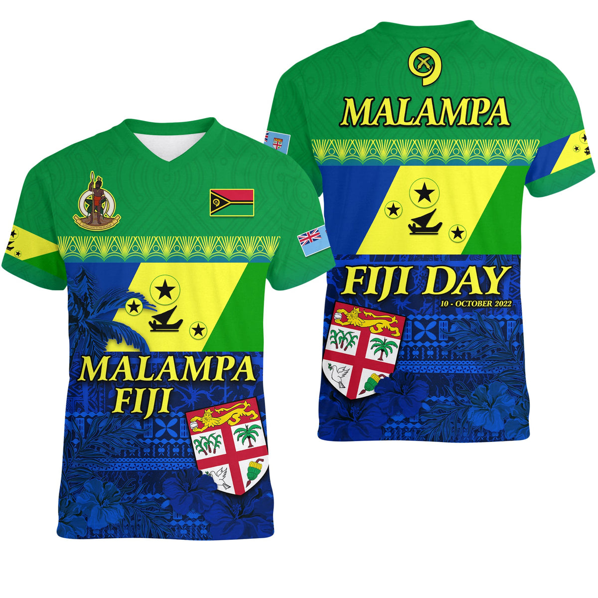 Malampa Fiji Day V Neck T Shirt Vanuatu Polynesia mix Flowers LT13 Green - Polynesian Pride