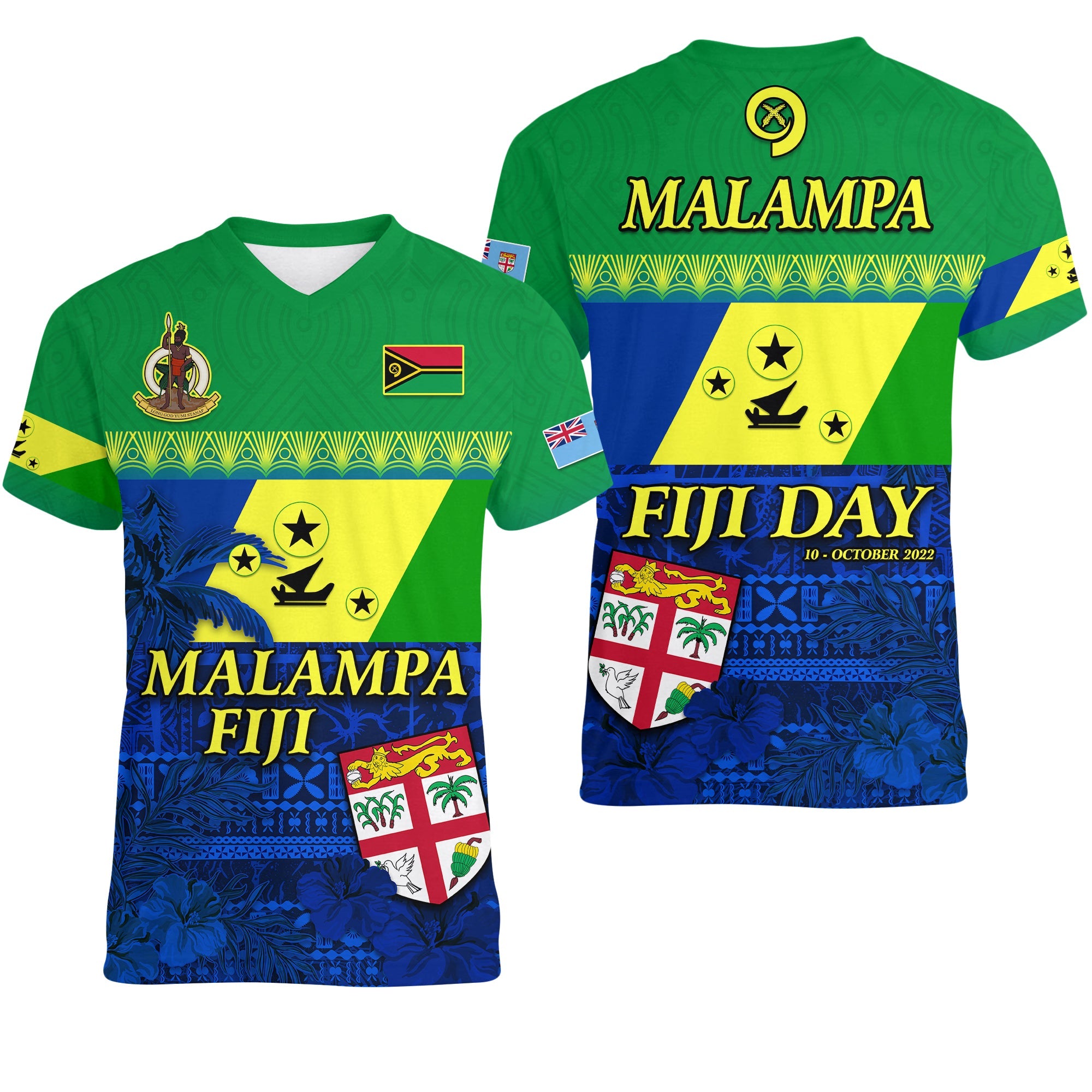Malampa Fiji Day V Neck T Shirt Vanuatu Polynesia mix Flowers LT13 Green - Polynesian Pride