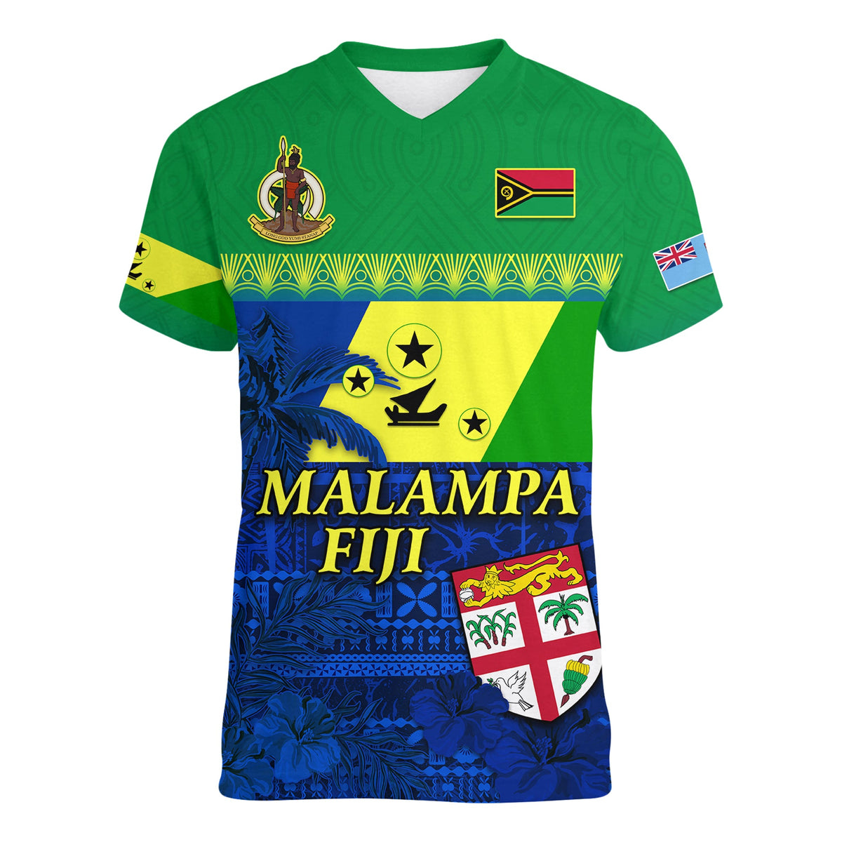 Malampa Fiji Day V Neck T Shirt Vanuatu Polynesia mix Flowers LT13 - Polynesian Pride