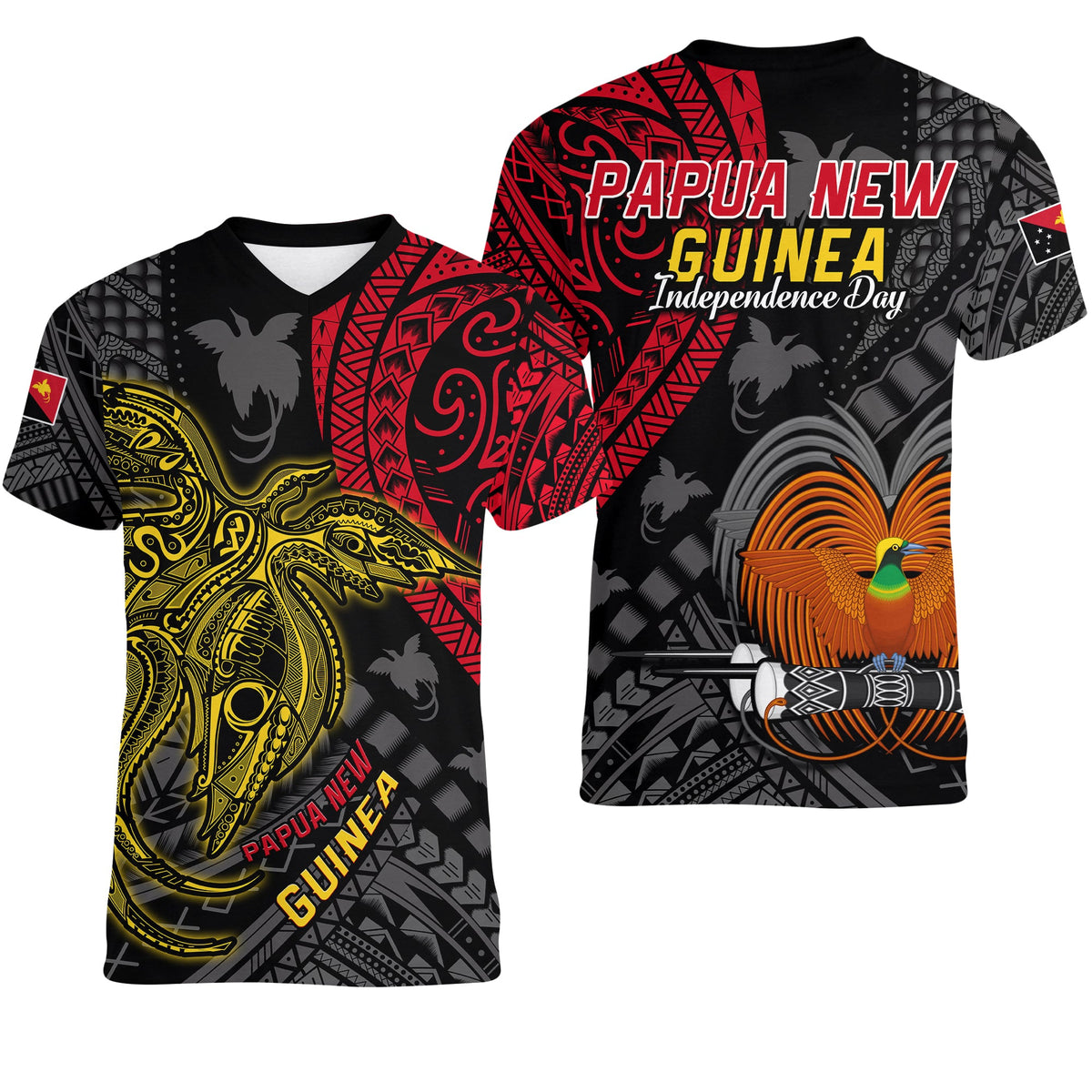 Papua New Guinea V Neck T Shirt Raggiana Birds Of Paradise Happy 47th Independence Day LT13 Black - Polynesian Pride