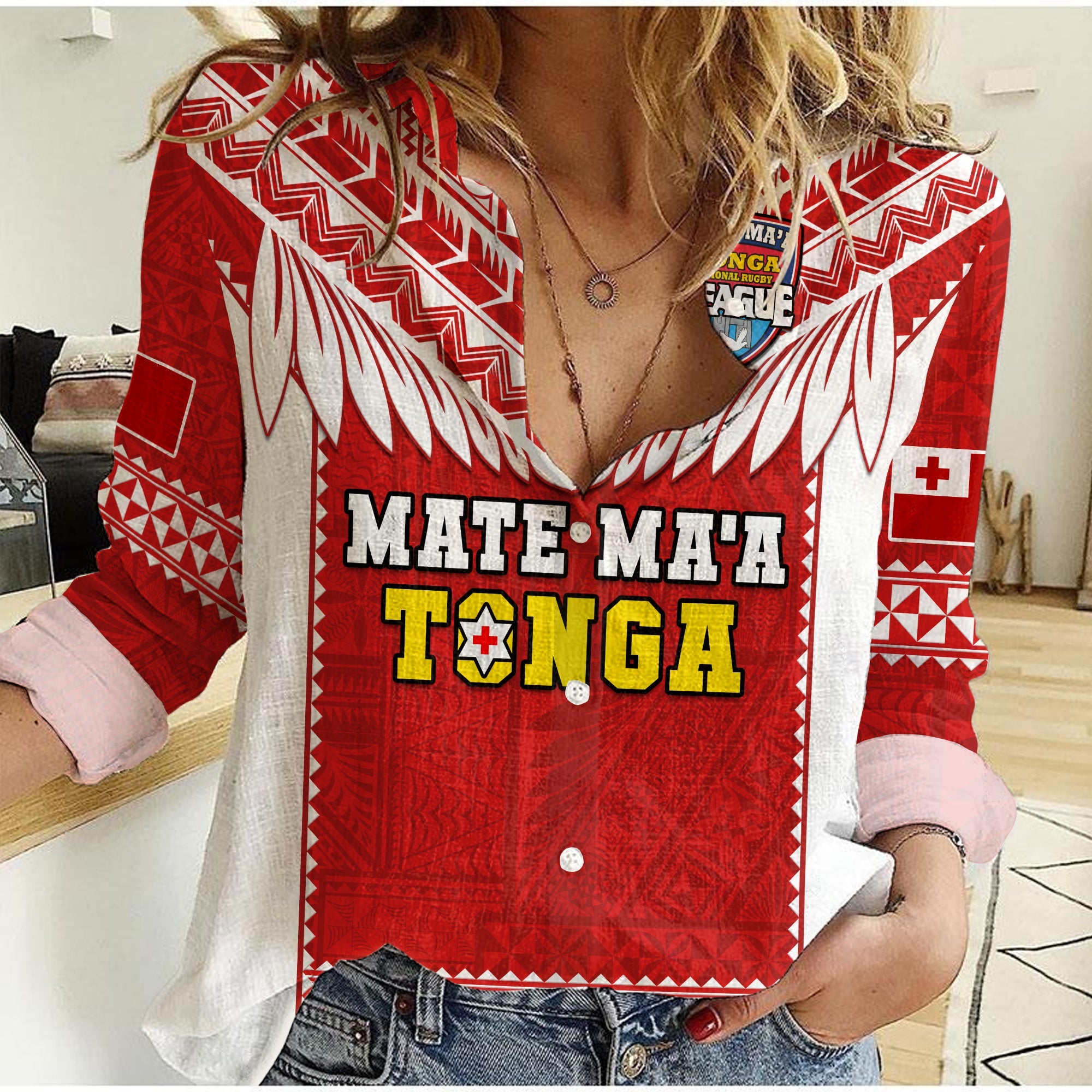 Tonga Rugby Women Casual Shirt Mate Maa Tonga Pacific Ngatu White LT14 Female Red - Polynesian Pride