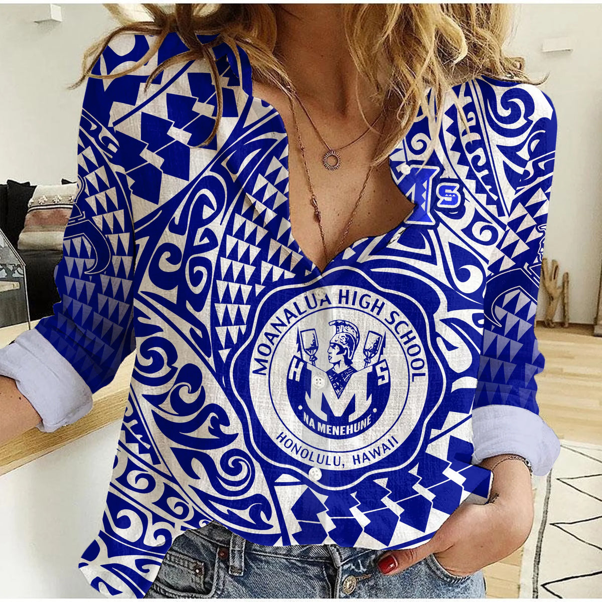 Hawaii Women Casual Shirt Moanalua High School Tribal Kakau LT14 Female Blue - Polynesian Pride