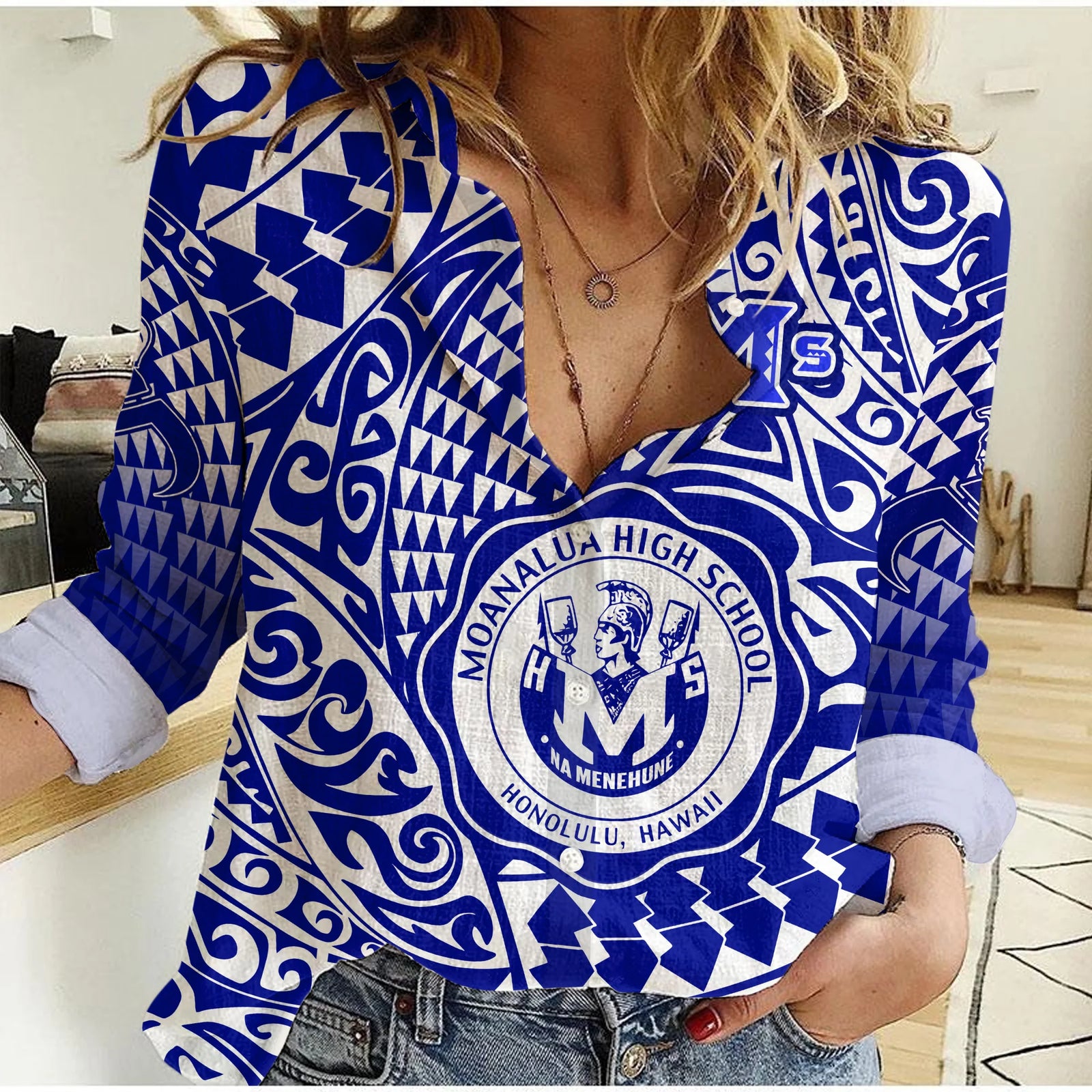 Hawaii Women Casual Shirt Moanalua High School Tribal Kakau LT14 Female Blue - Polynesian Pride