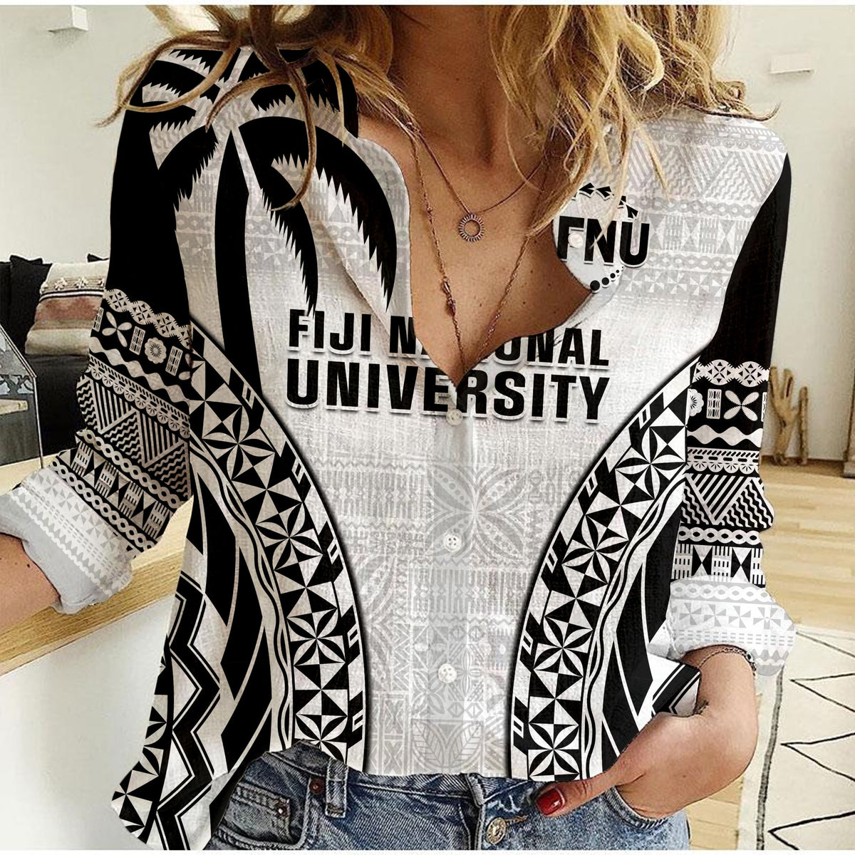 Fiji University Women Casual Shirt National Fijian Tapa Pattern White LT14 Female White - Polynesian Pride