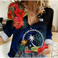 Chuuk State Women Casual Shirt FSM Hibiscus Flowers Mix Polynesian LT14 Female Blue - Polynesian Pride