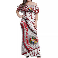 Polynesian Couple Outfits Tonga Emancipation Day Matching Dress and Hawaiian Shirt Kupesi Pattern No.2 White LT9 - Polynesian Pride