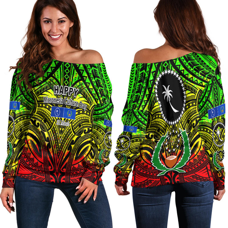 Micronesia Culture Day Women's Off Shoulder Sweater Chuuk And Pohnpei Reggae Style LT6 LT6 Women reggae - Polynesian Pride