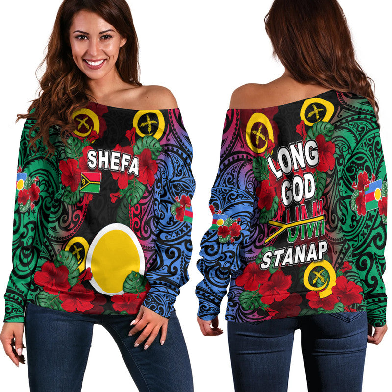 Vanuatu Shefa And Hibiscus Off Shoulder Sweater LT6 Women Black - Polynesian Pride