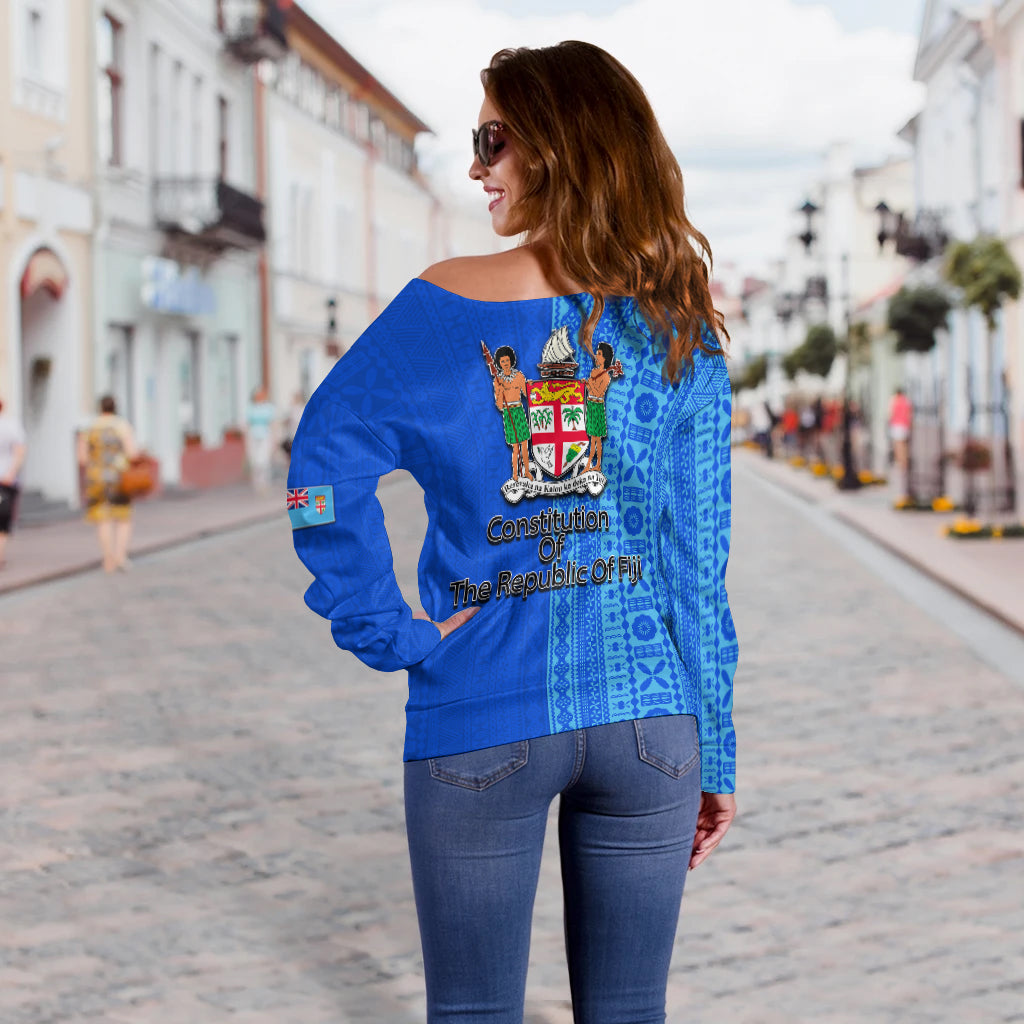 Fiji Constitution Day Half Tapa Patterns Women Off Shoulder Sweater LT6 - Polynesian Pride